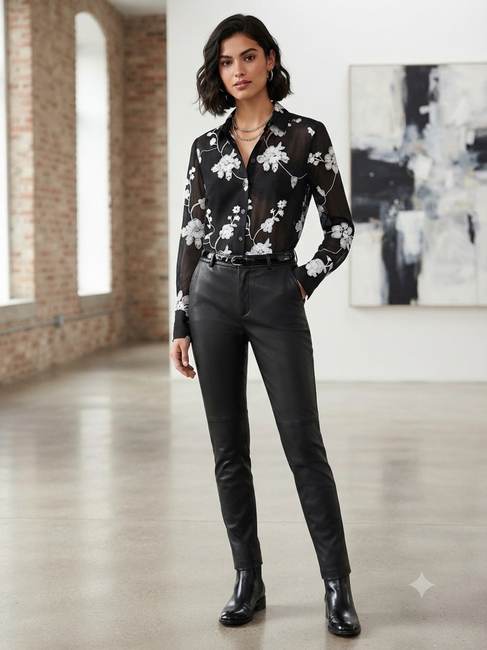 Sheer Black Floral Button-Up Blouse